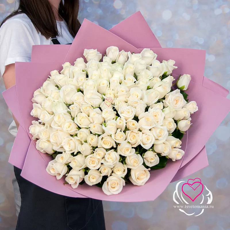 Букет из 101 белой розы 50 см (Россия)