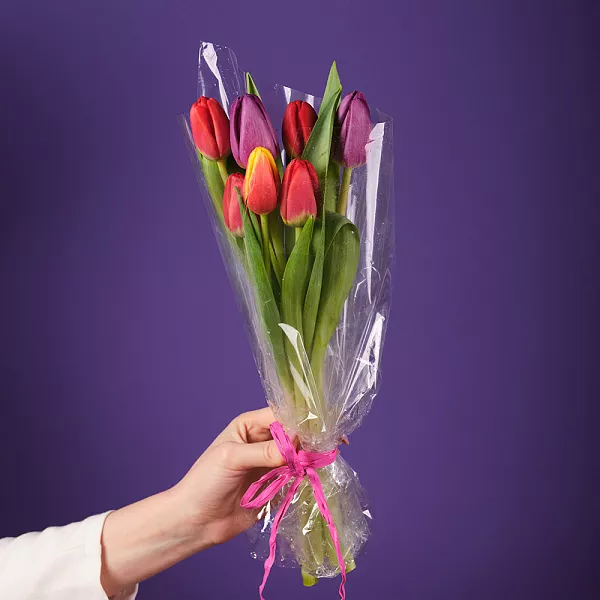 Купить Букет 7 тюльпанов микс в пленке в  с бесплатной доставкой: цена, фото, описание