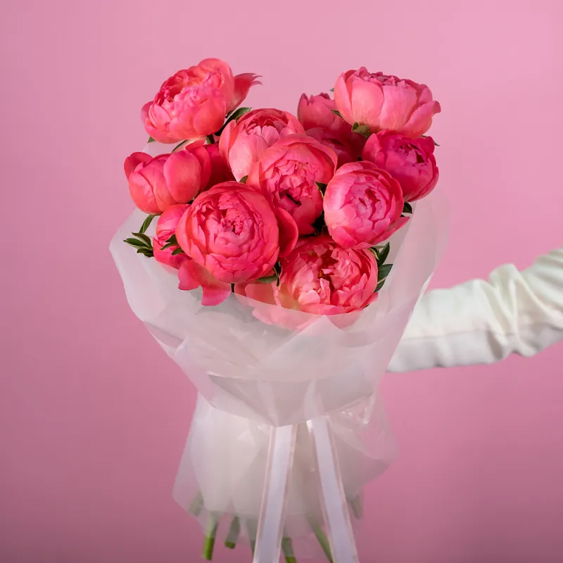 Букет из 15 коралловых пионов (Премиум)