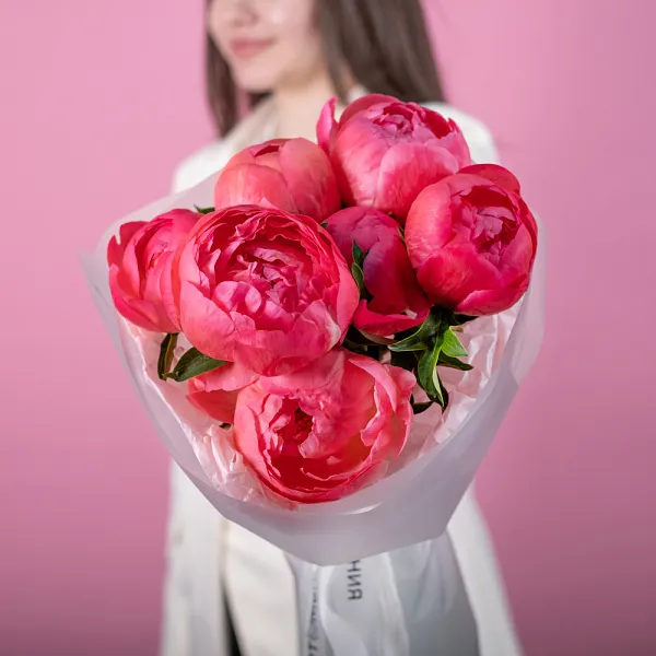 Купить Букет из 7 коралловых пионов (Премиум) в  с бесплатной доставкой: цена, фото, описание