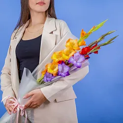 Купить Букет из 3 гладиолусов микс в упаковке в  с бесплатной доставкой: цена, фото, описание