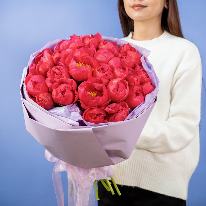 Букет из 25 коралловых пионов (Премиум)