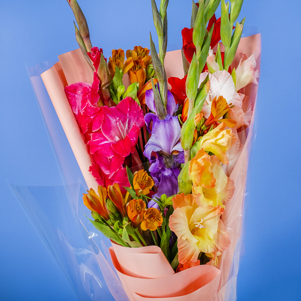 Купить Букет из 7 гладиолусов микс с альстромерией в  с бесплатной доставкой: цена, фото, описание