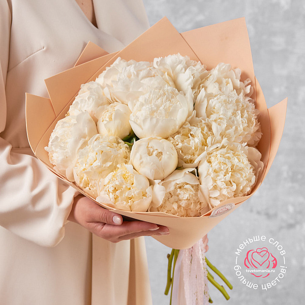 Купить Букет из 15 белых пионов (Стандарт) в  с бесплатной доставкой: цена, фото, описание