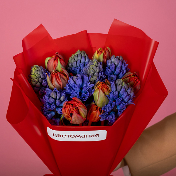 Купить Букет из красных тюльпанов и синих гиацинтов в  с бесплатной доставкой: цена, фото, описание