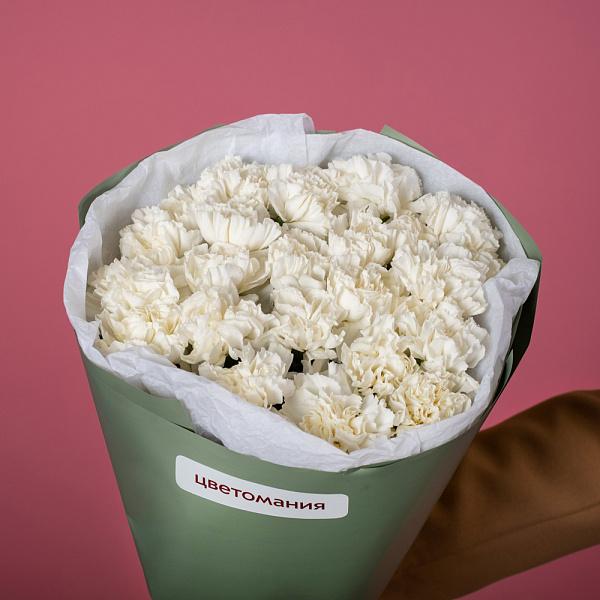 Купить Букет из 15 белых гвоздик в упаковке в  с бесплатной доставкой: цена, фото, описание