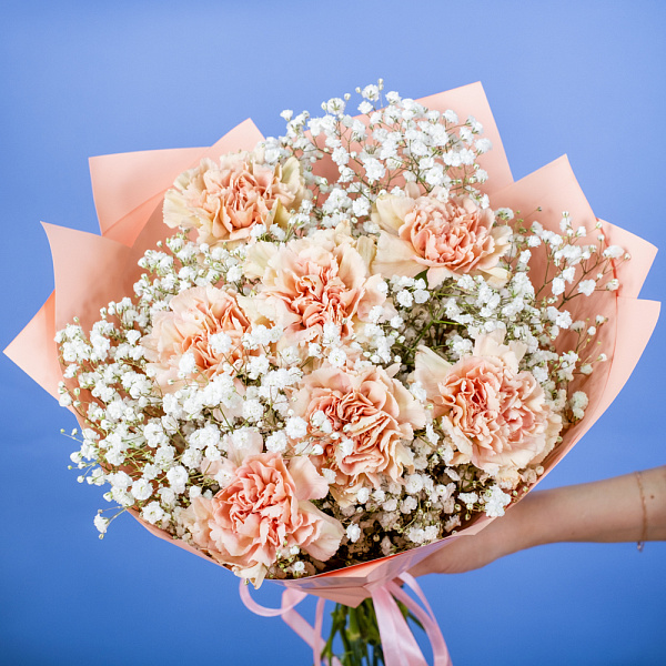 Купить Букет из гвоздик с гипсофилами в  с бесплатной доставкой: цена, фото, описание