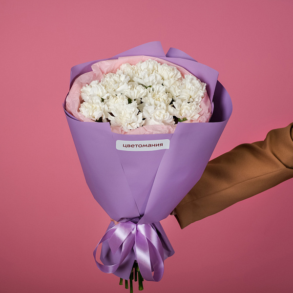 Купить Букет из 17 белых гвоздик в упаковке в  с бесплатной доставкой: цена, фото, описание