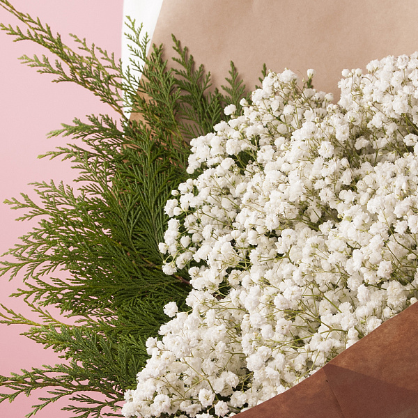 Купить Букет из белых гипсофил с туей с «Утренний иней» в  с бесплатной доставкой: цена, фото, описание