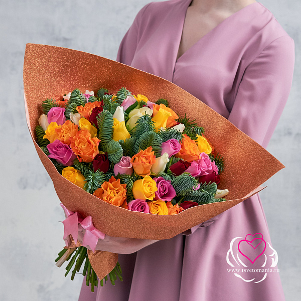 Купить Букет из 51 розы Кения микс с нобилисом в  с бесплатной доставкой: цена, фото, описание