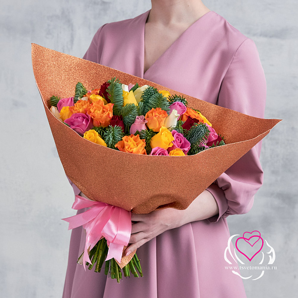 Купить Букет из 51 розы Кения микс с нобилисом в  с бесплатной доставкой: цена, фото, описание