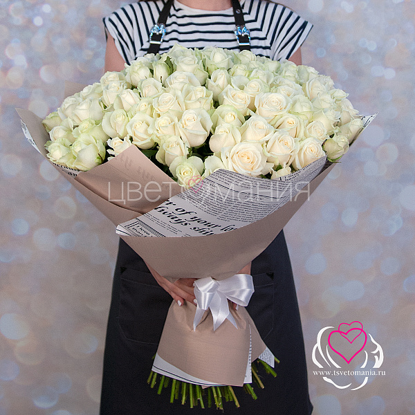 Купить Букет из 101 белой розы 60 см (Россия) в  с бесплатной доставкой: цена, фото, описание