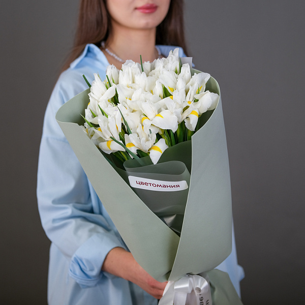 Купить Букет из 17 белых ирисов в упаковке в  с бесплатной доставкой: цена, фото, описание