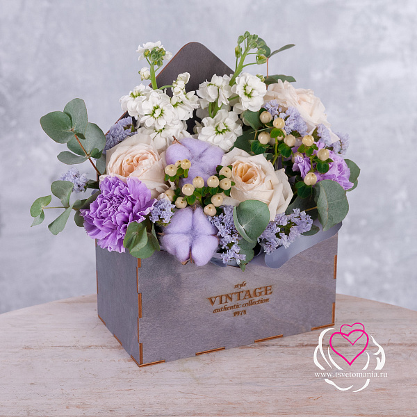 Купить Конвертик в деревянном ящике «Цветочная симфония» в  с бесплатной доставкой: цена, фото, описание