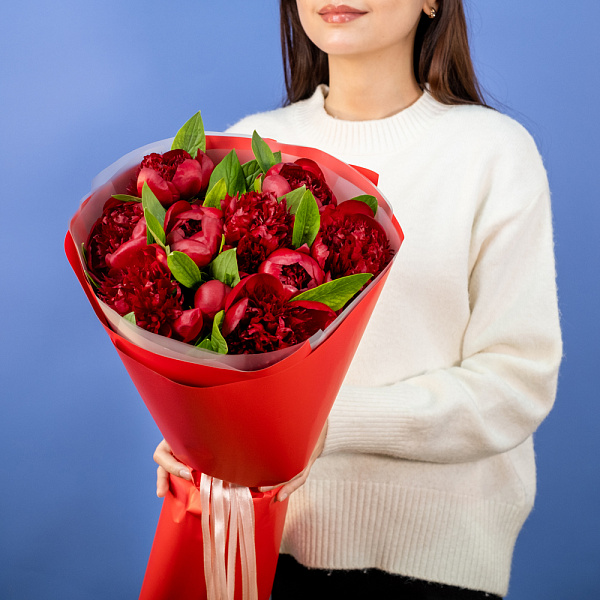 Купить Букет из 11 бордовых пионов (Премиум) в  с бесплатной доставкой: цена, фото, описание