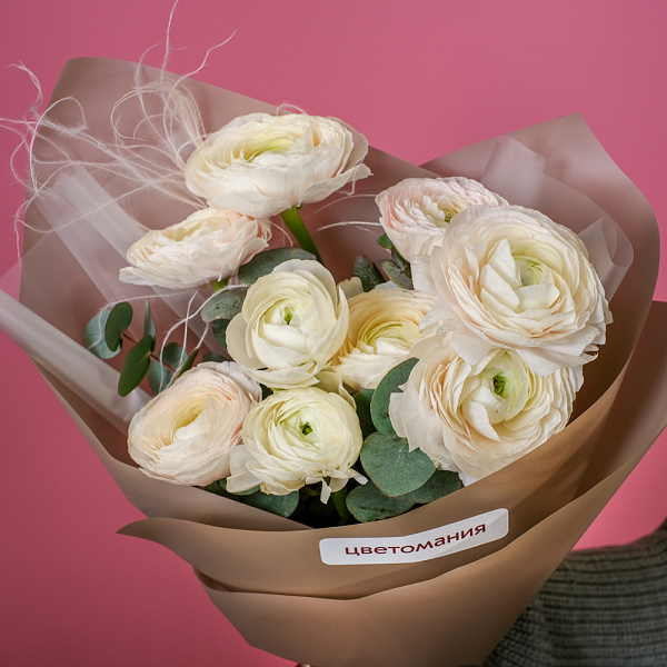 Купить Букет из 9 ранункулюсов и эвкалипта в  с бесплатной доставкой: цена, фото, описание