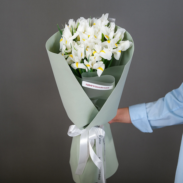 Купить Букет из 17 белых ирисов в упаковке в  с бесплатной доставкой: цена, фото, описание