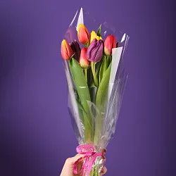 Купить Букет 9 тюльпанов микс в пленке в  с бесплатной доставкой: цена, фото, описание